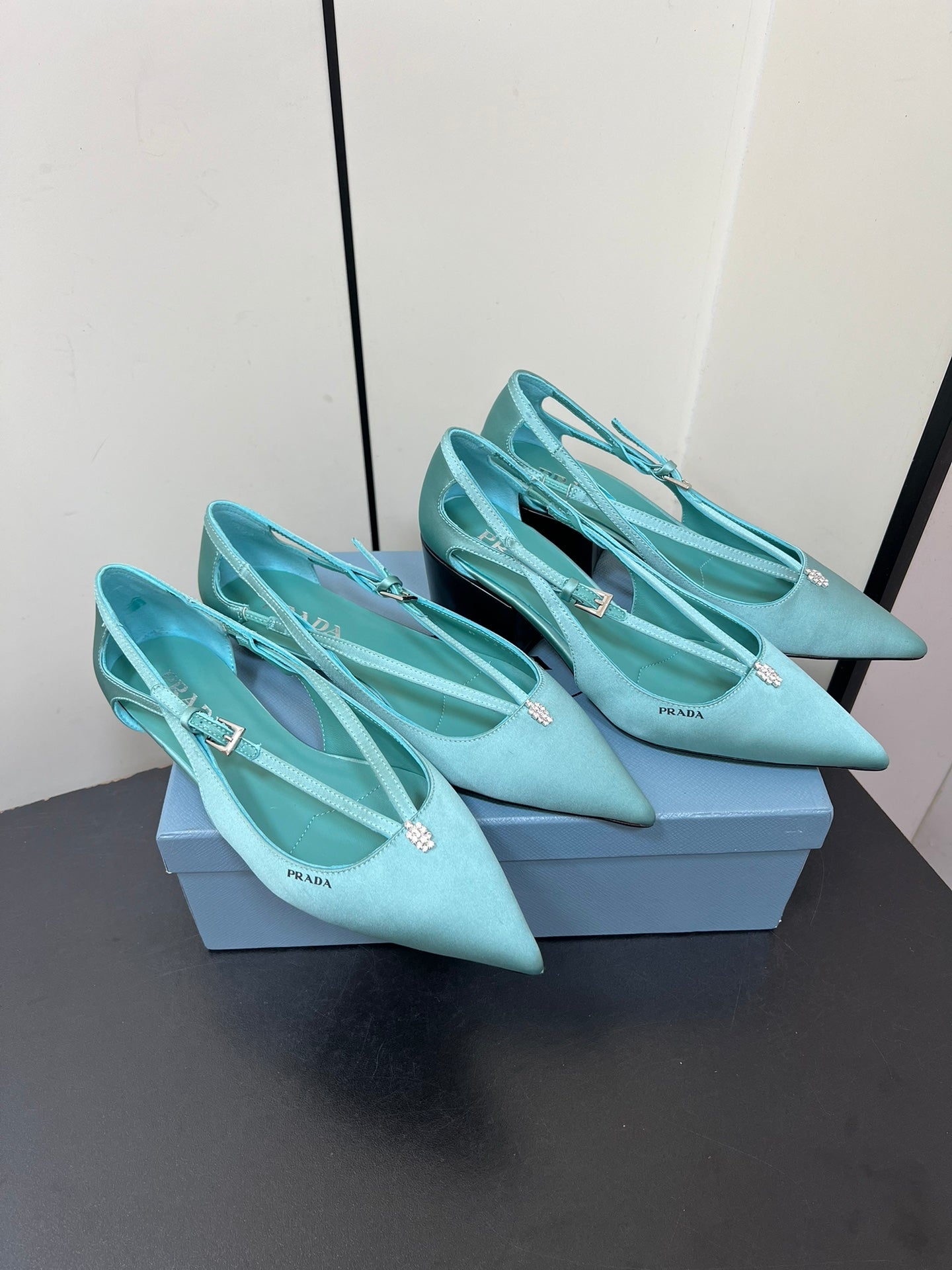 CUT-OUT BALLERINA FLAT IN TURQUOISE BLUE SATIN ATTACHED BEAD BUCKLE - 35