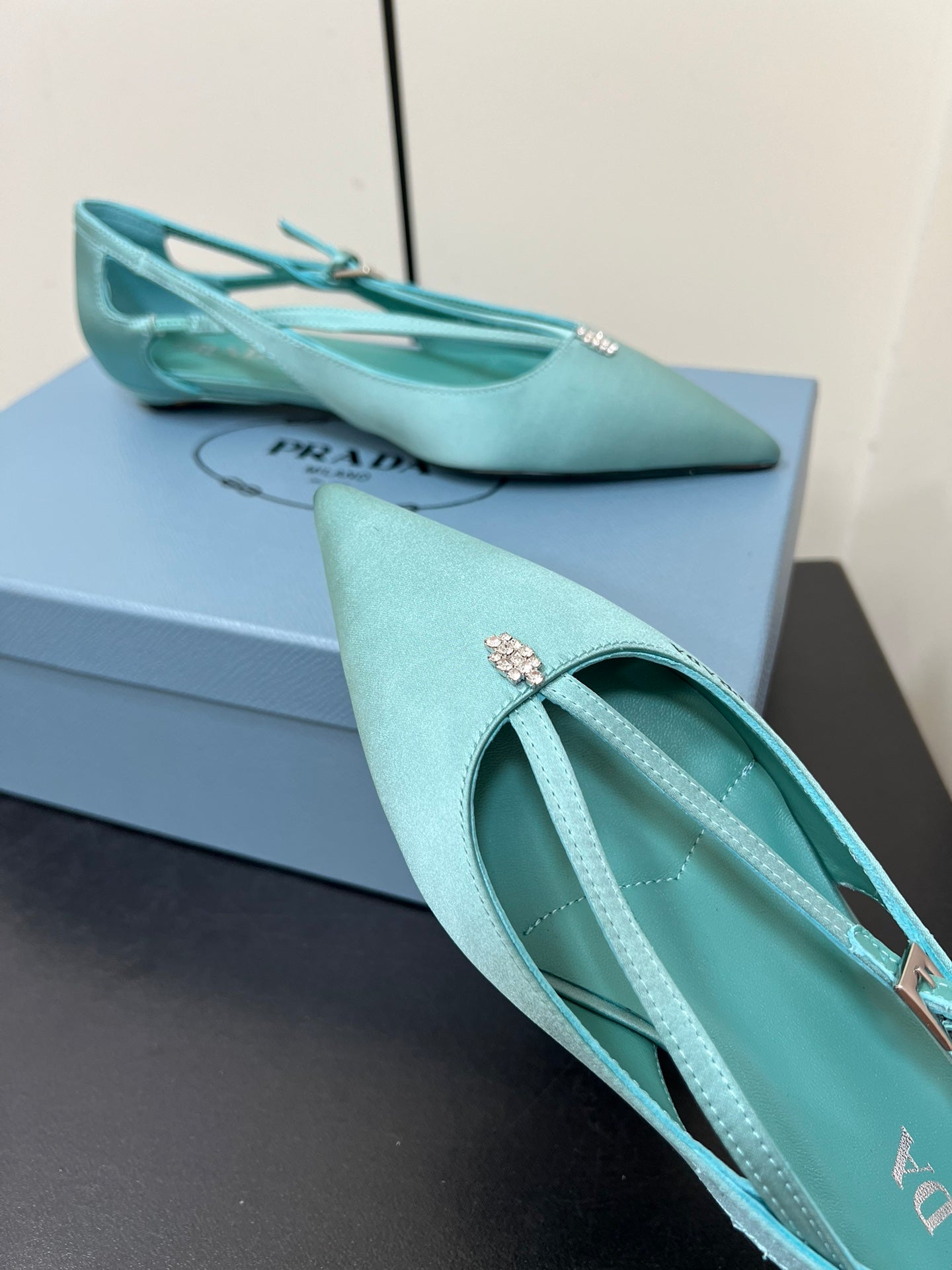 CUT-OUT BALLERINA FLAT IN TURQUOISE BLUE SATIN ATTACHED BEAD BUCKLE - 35