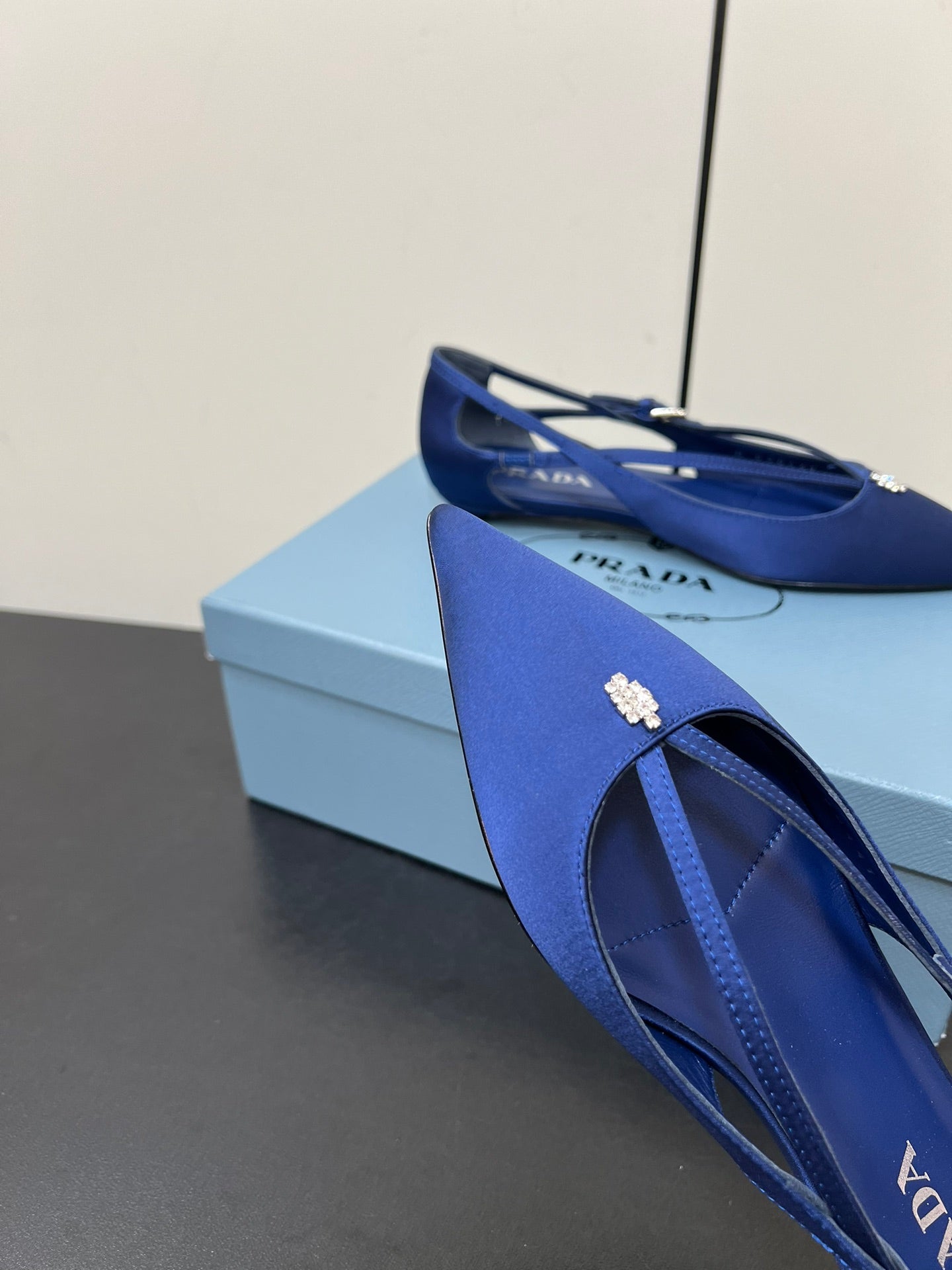 CUT-OUT BALLERINA FLAT IN NAVY BLUE SATIN ATTACHED BEAD BUCKLE - 35