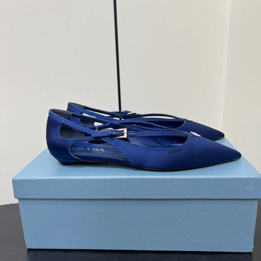 CUT-OUT BALLERINA FLAT IN NAVY BLUE SATIN ATTACHED BEAD BUCKLE - 35