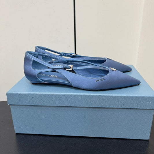 CUT-OUT BALLERINA FLAT IN PERANO BLUE SATIN ATTACHED BEAD BUCKLE - 35