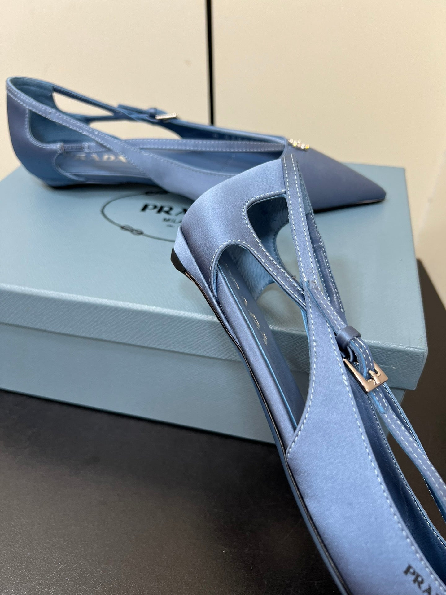 CUT-OUT BALLERINA FLAT IN PERANO BLUE SATIN ATTACHED BEAD BUCKLE - 35
