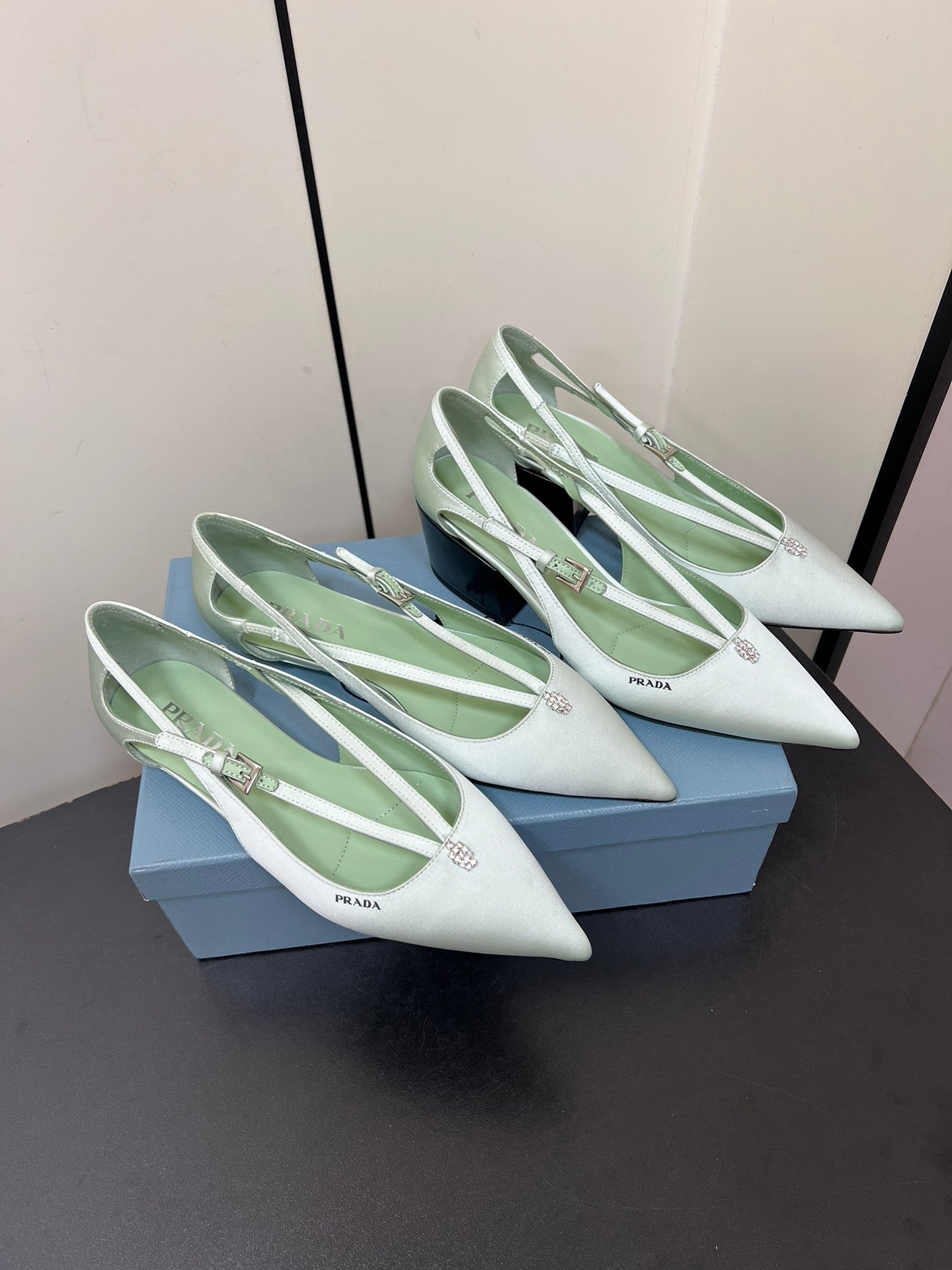 CUT-OUT BALLERINA FLAT IN CHETWODE GREEN SATIN ATTACHED BEAD BUCKLE - 35