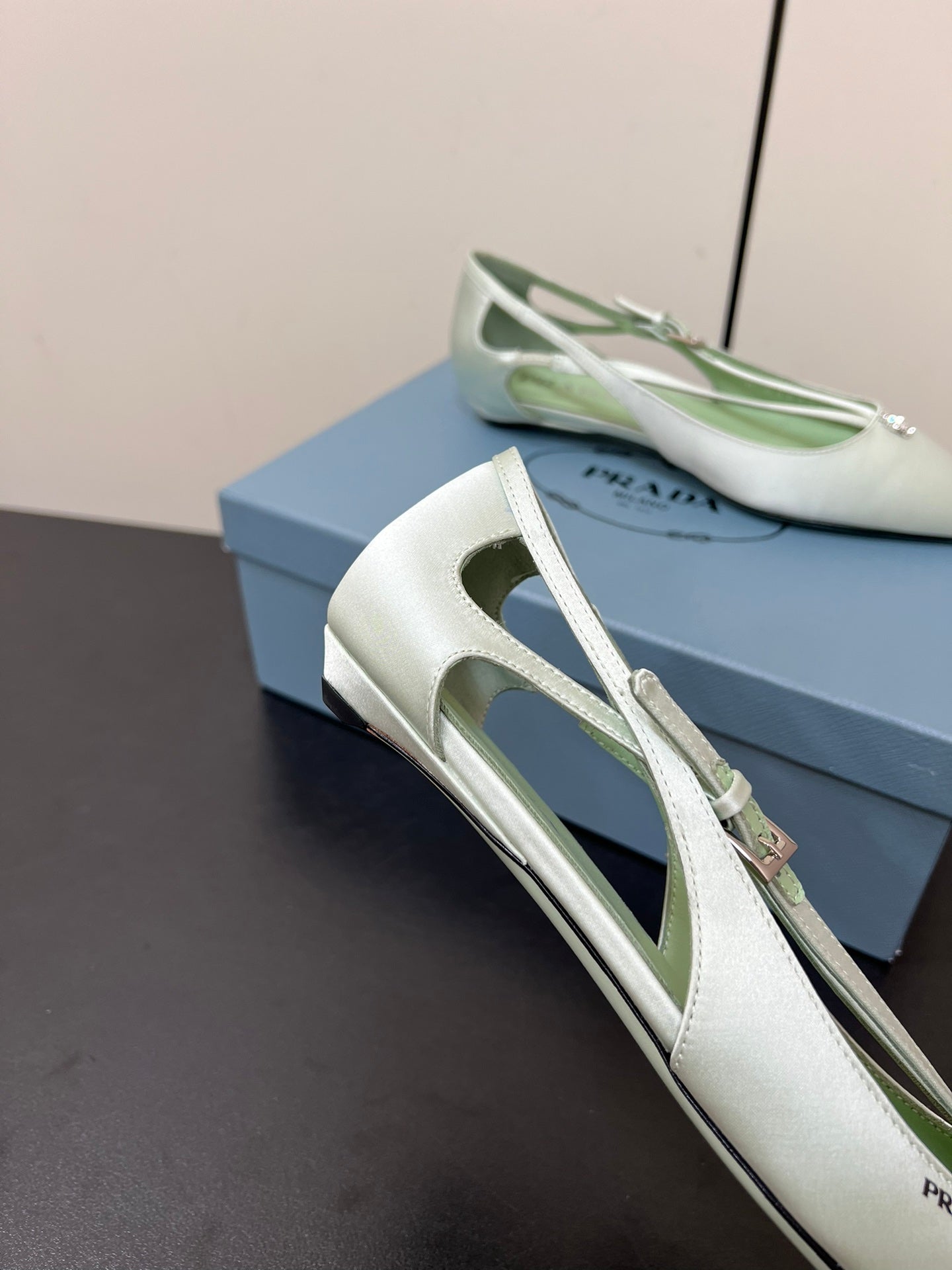 CUT-OUT BALLERINA FLAT IN CHETWODE GREEN SATIN ATTACHED BEAD BUCKLE - 35