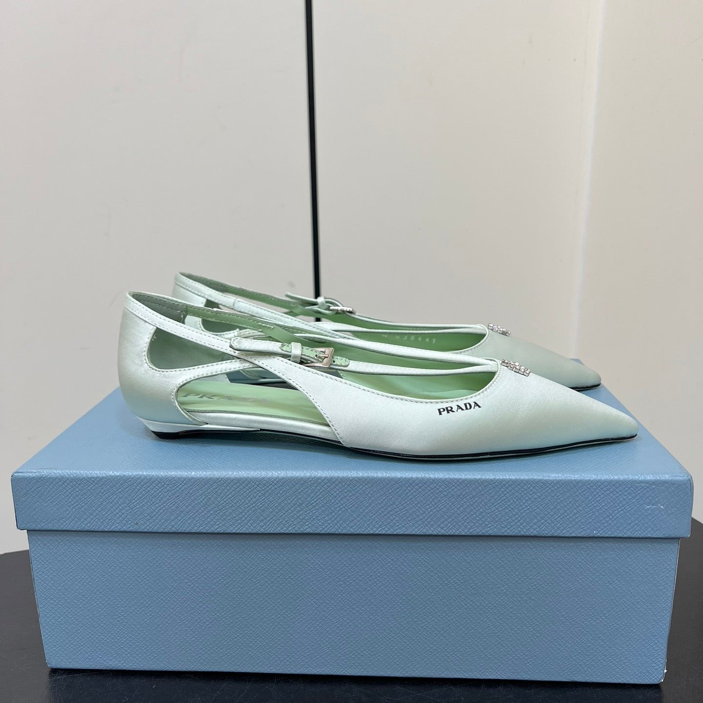 CUT-OUT BALLERINA FLAT IN CHETWODE GREEN SATIN ATTACHED BEAD BUCKLE - 35