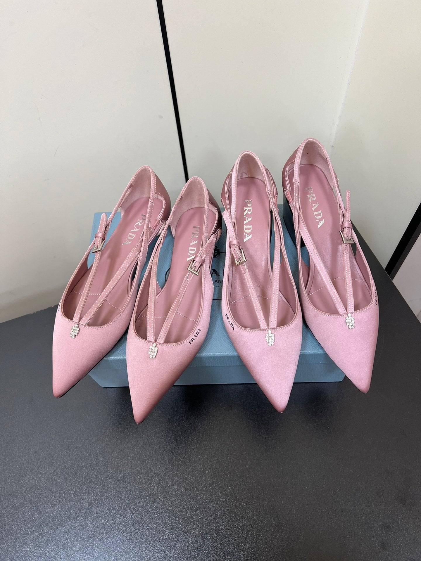 CUT-OUT BALLERINA FLAT IN BABY PINK SATIN ATTACHED BEAD BUCKLE - 35