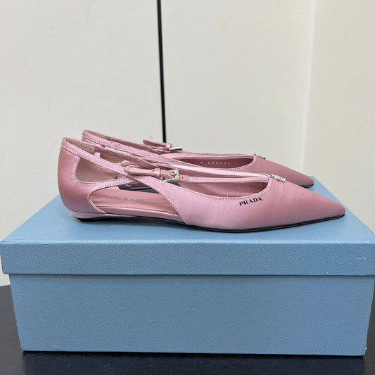 CUT-OUT BALLERINA FLAT IN BABY PINK SATIN ATTACHED BEAD BUCKLE - 35