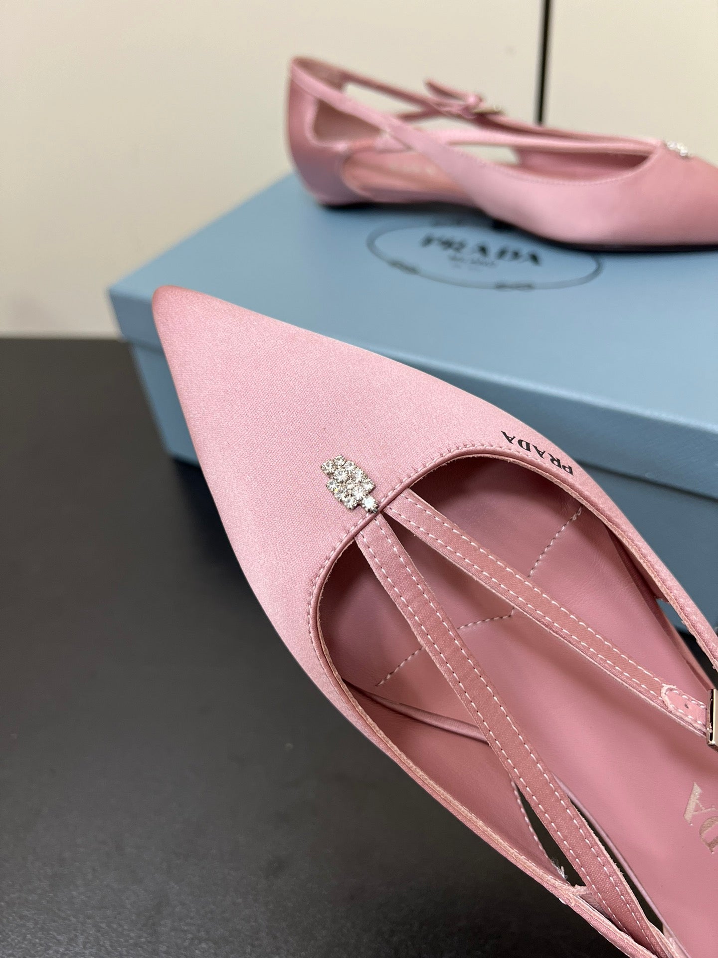 CUT-OUT BALLERINA FLAT IN BABY PINK SATIN ATTACHED BEAD BUCKLE - 35