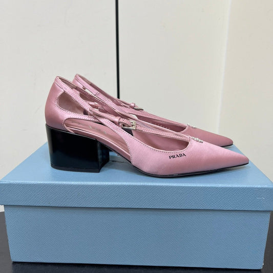 CUT-OUT PUMPS WITH BEAD BUCKLE IN BABY PINK SATIN - 35