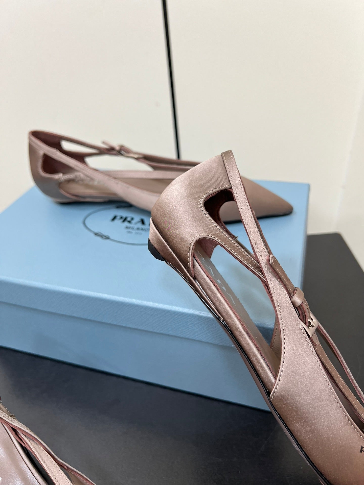 CUT-OUT BALLERINA FLAT IN HAZELNUT BEIGE SATIN ATTACHED BEAD BUCKLE - 35