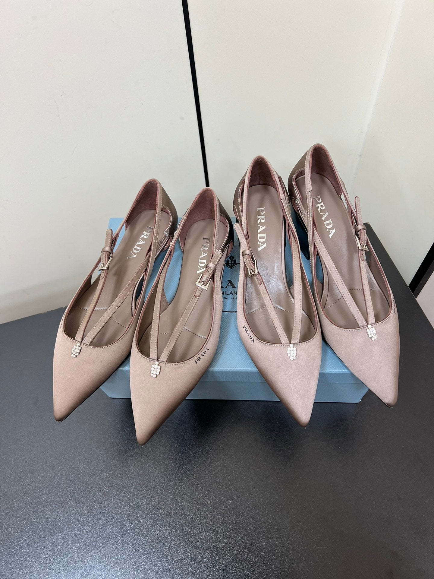 CUT-OUT BALLERINA FLAT IN HAZELNUT BEIGE SATIN ATTACHED BEAD BUCKLE - 35