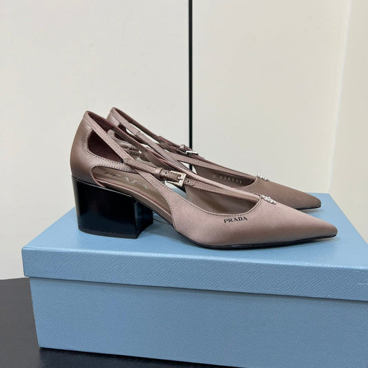 CUT-OUT PUMPS WITH BEAD BUCKLE IN HAZELNUT BEIGE SATIN - 35