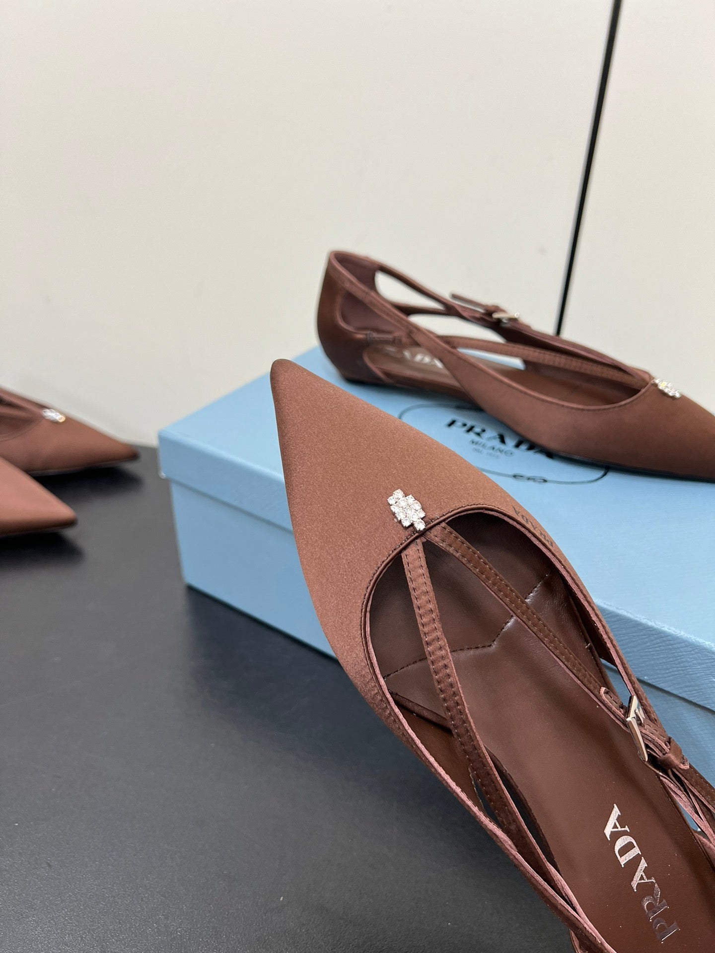 CUT-OUT BALLERINA FLAT IN CHOCOLATE BROWN SATIN ATTACHED BEAD BUCKLE - 35