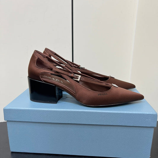 CUT-OUT PUMPS WITH BEAD BUCKLE IN CHOCOLATE BROWN SATIN - 35