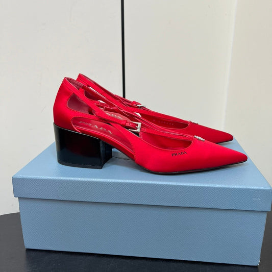 CUT-OUT PUMPS WITH BEAD BUCKLE IN CLASSIC RED SATIN - 35