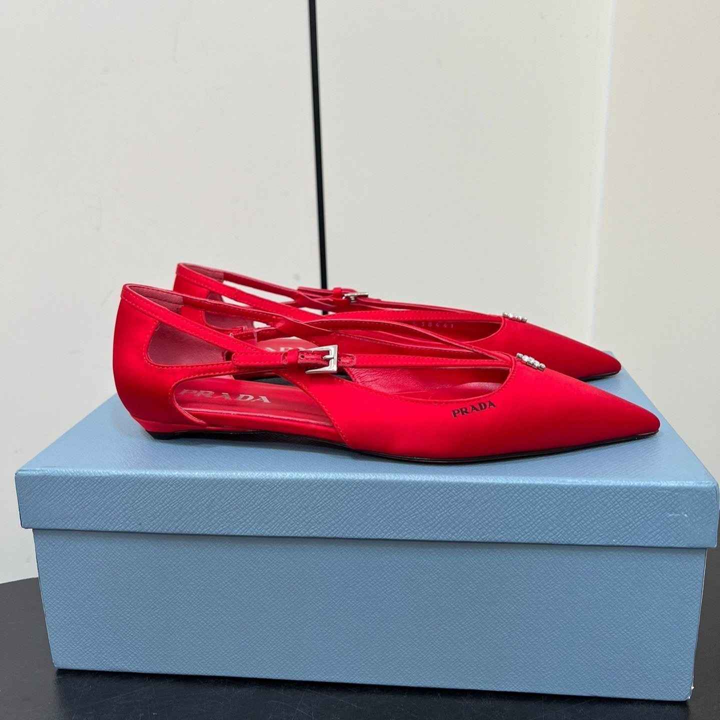 CUT-OUT BALLERINA FLAT IN CLASSIC RED SATIN ATTACHED BEAD BUCKLE - 35