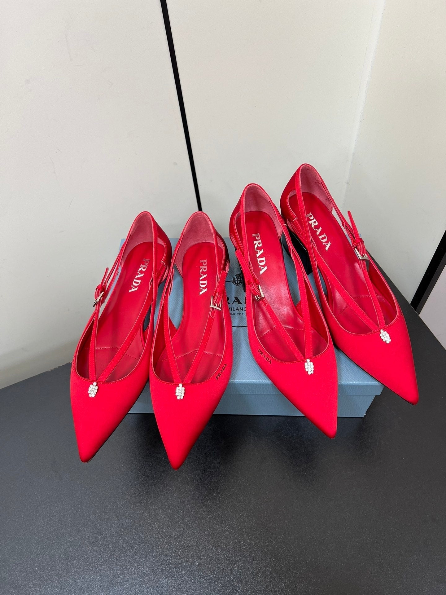 CUT-OUT BALLERINA FLAT IN CLASSIC RED SATIN ATTACHED BEAD BUCKLE - 35