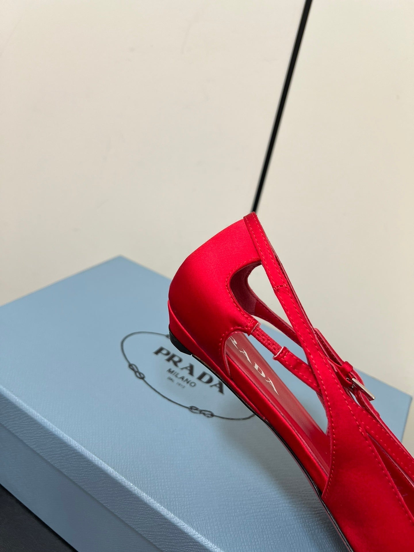 CUT-OUT BALLERINA FLAT IN CLASSIC RED SATIN ATTACHED BEAD BUCKLE - 35