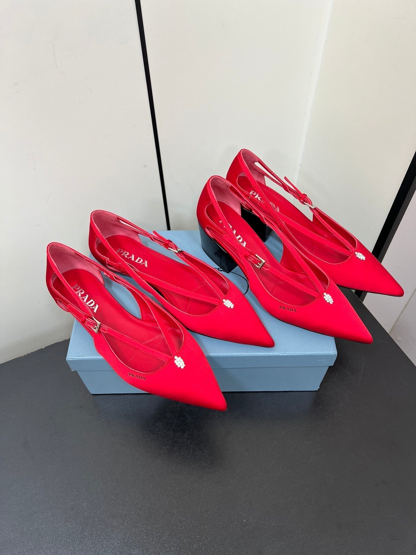 CUT-OUT BALLERINA FLAT IN CLASSIC RED SATIN ATTACHED BEAD BUCKLE - 35