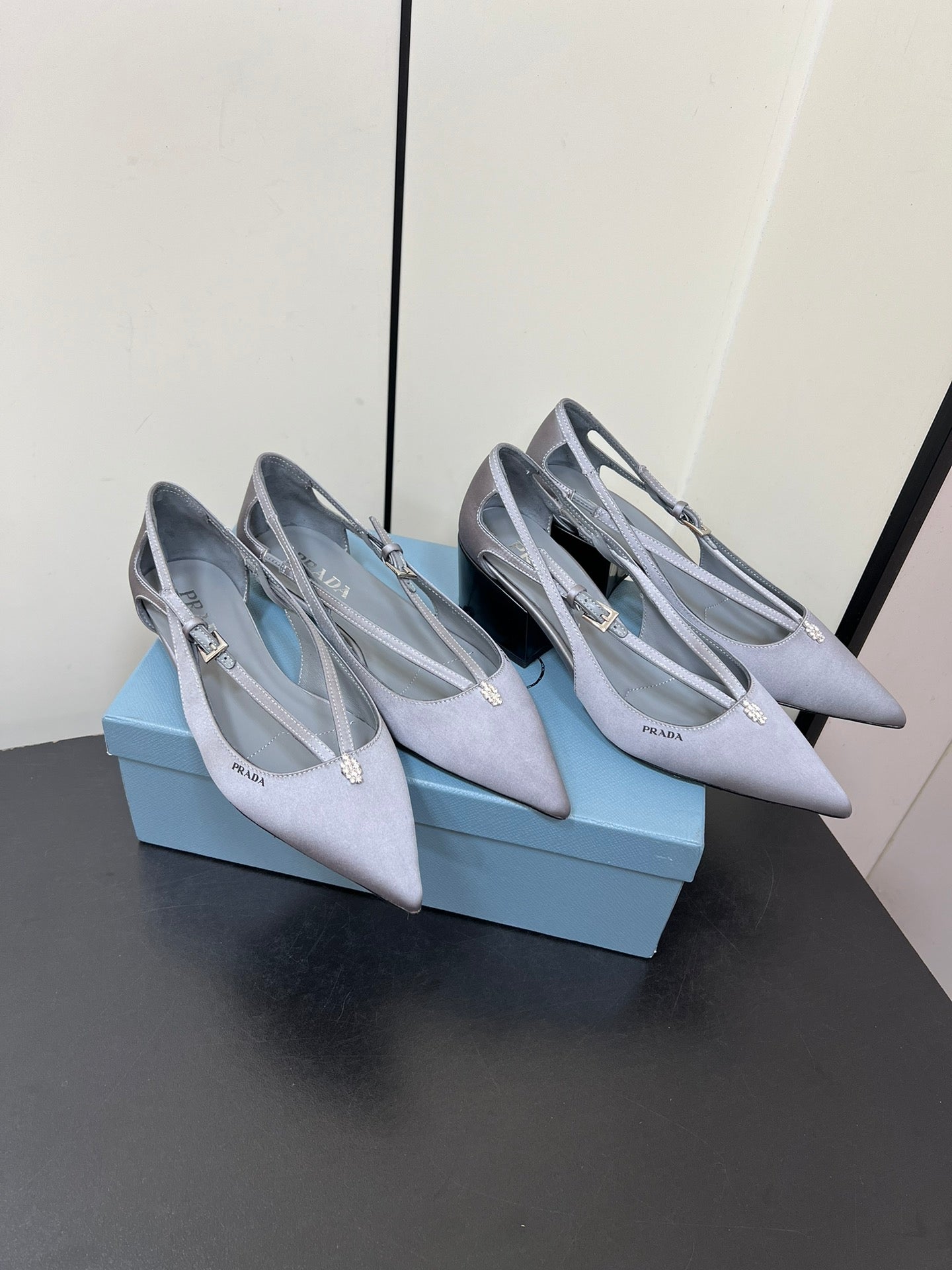 CUT-OUT BALLERINA FLAT IN WARM GRAY SATIN ATTACHED BEAD BUCKLE - 35