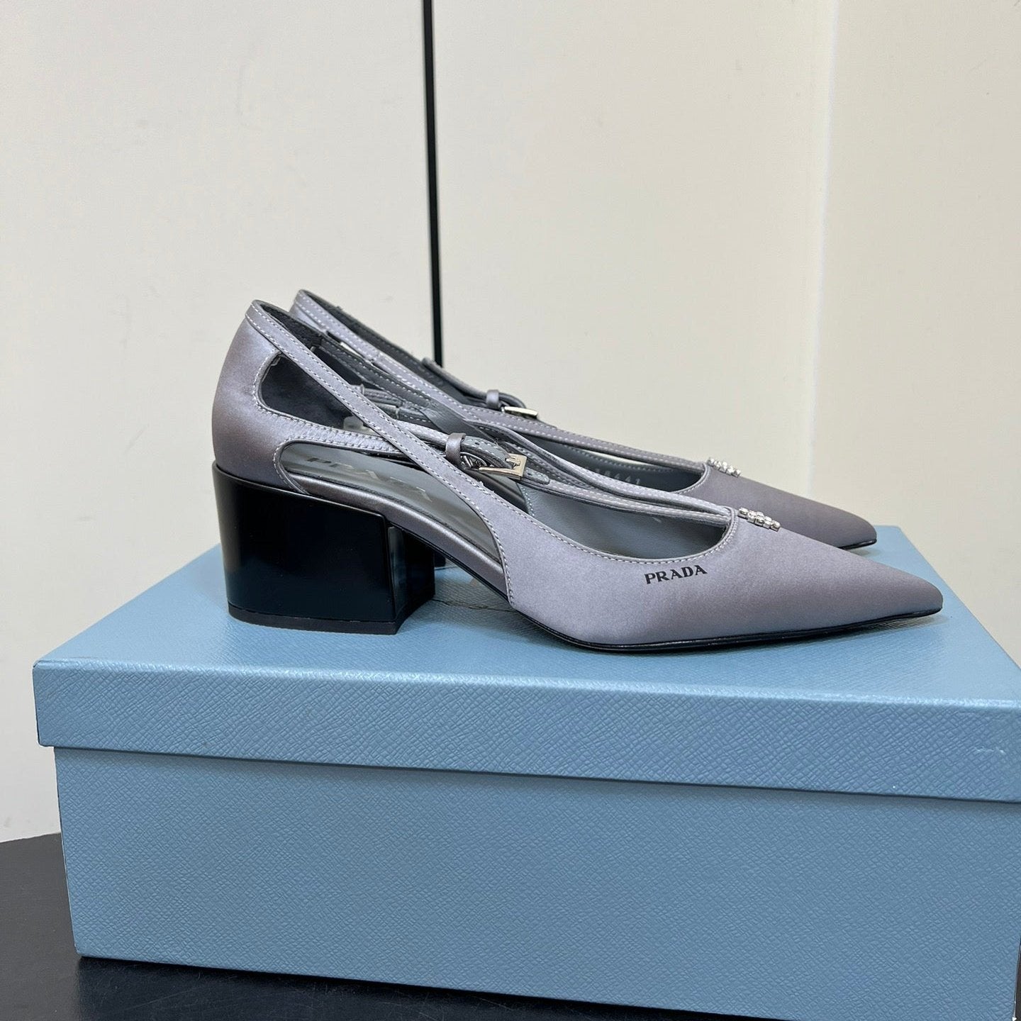 CUT-OUT PUMPS WITH BEAD BUCKLE IN WARM GRAY SATIN - 35