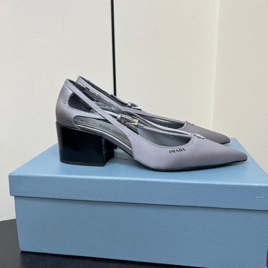 CUT-OUT PUMPS WITH BEAD BUCKLE IN WARM GRAY SATIN - 35