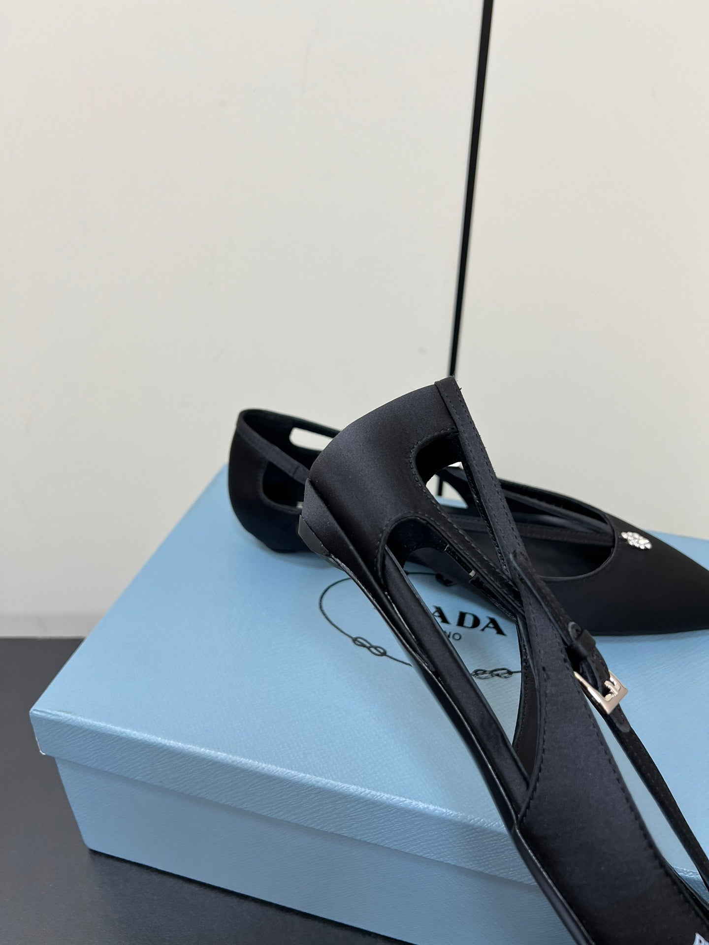 CUT-OUT BALLERINA FLAT IN BLACK SATIN ATTACHED BEAD BUCKLE - 35