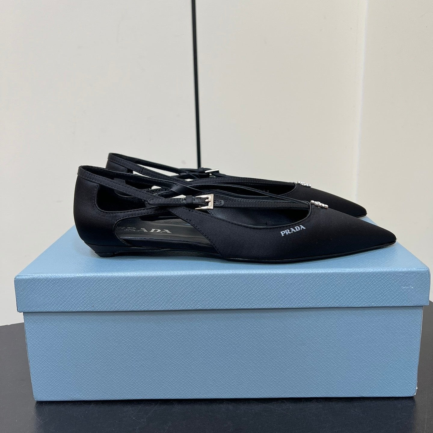 CUT-OUT BALLERINA FLAT IN BLACK SATIN ATTACHED BEAD BUCKLE - 35