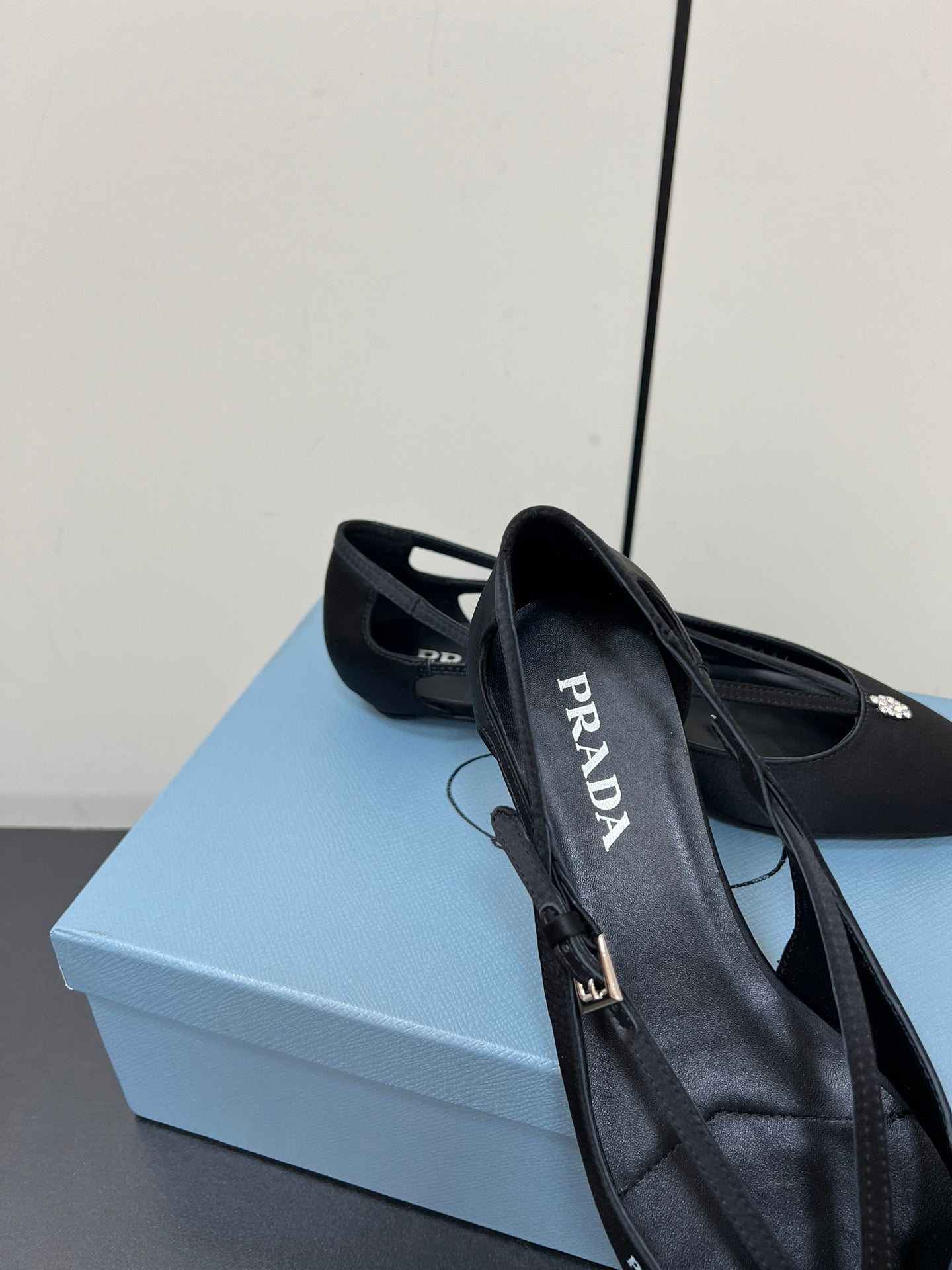 CUT-OUT BALLERINA FLAT IN BLACK SATIN ATTACHED BEAD BUCKLE - 35