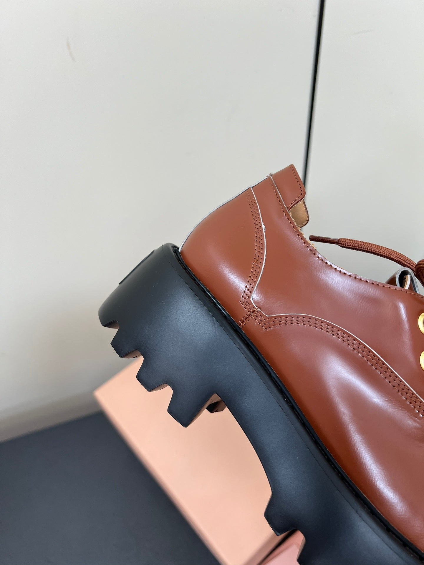 LACE-UP LOAFERS WITH THICK SOLE IN RED BROWN SHINY SHEEPSKIN - 35