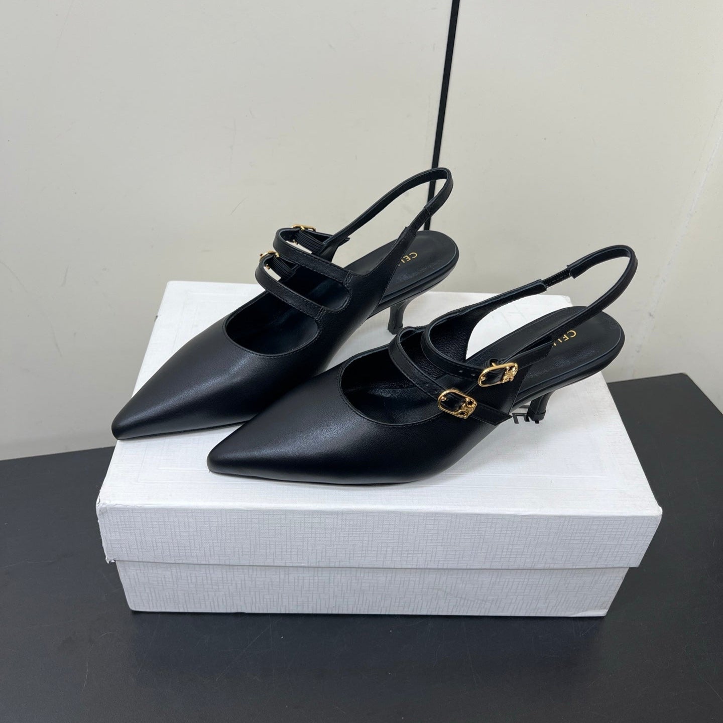 JUDY DOUBLE STRAP MARY JANE SLINGBACK IN BLACK SMOOTH CALFSKIN - 34