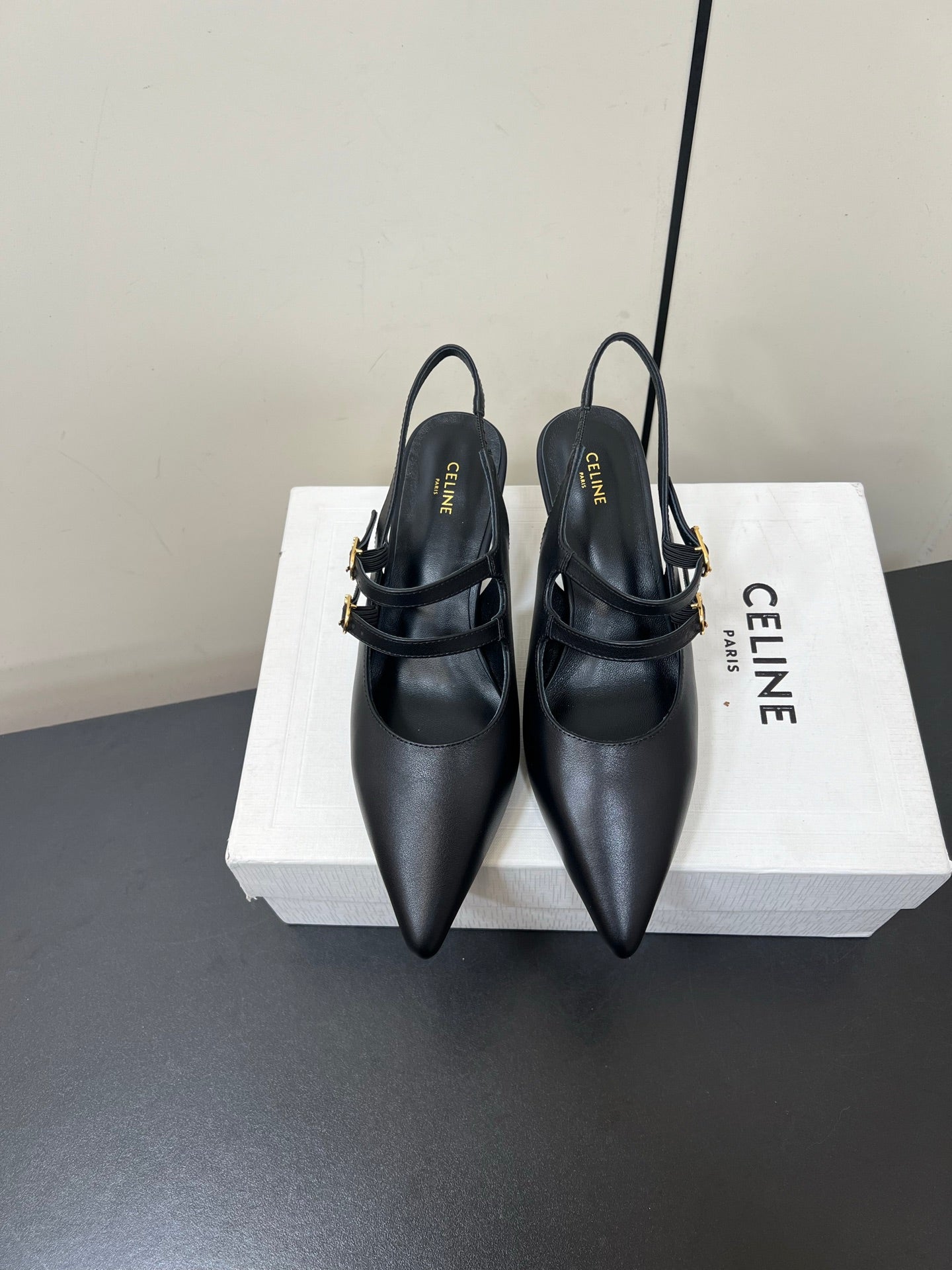 JUDY DOUBLE STRAP MARY JANE SLINGBACK IN BLACK SMOOTH CALFSKIN - 34