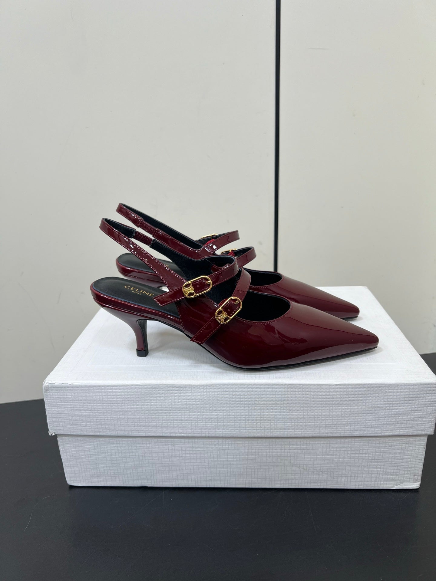 JUDY DOUBLE STRAP MARY JANE SLINGBACK IN BURGUNDY RED PATENT CALFSKIN - 34