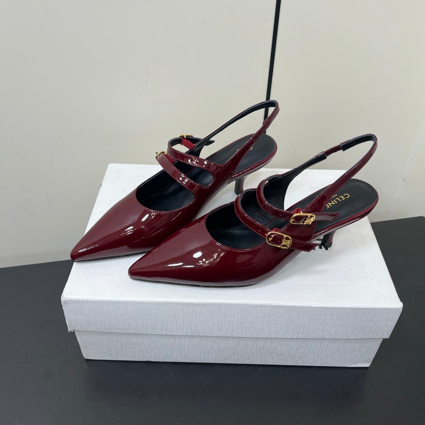 JUDY DOUBLE STRAP MARY JANE SLINGBACK IN BURGUNDY RED PATENT CALFSKIN - 34