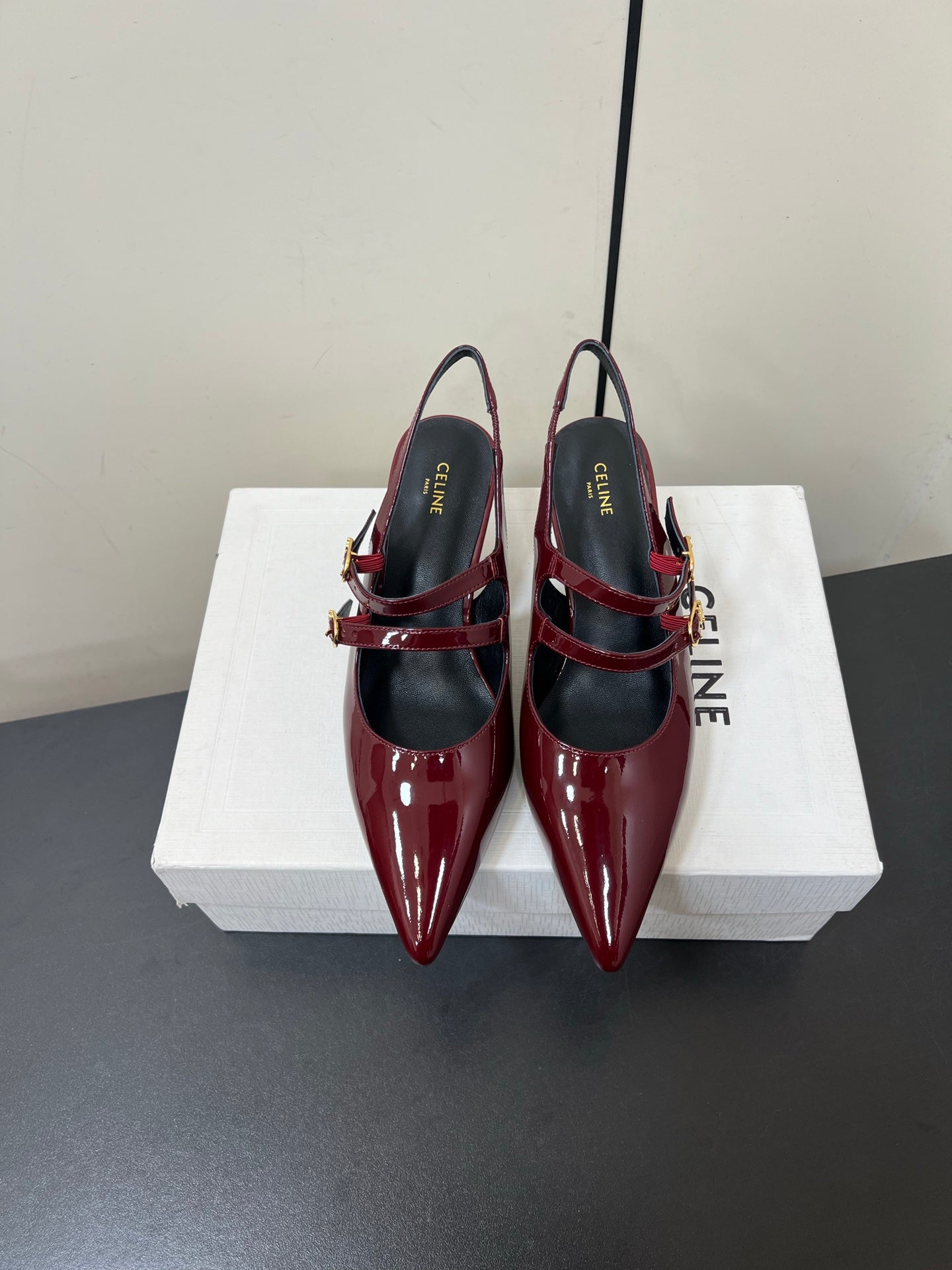 JUDY DOUBLE STRAP MARY JANE SLINGBACK IN BURGUNDY RED PATENT CALFSKIN - 34