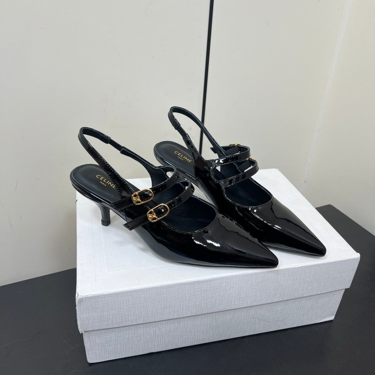 JUDY DOUBLE STRAP MARY JANE SLINGBACK IN BLACK PATENT CALFSKIN - 34