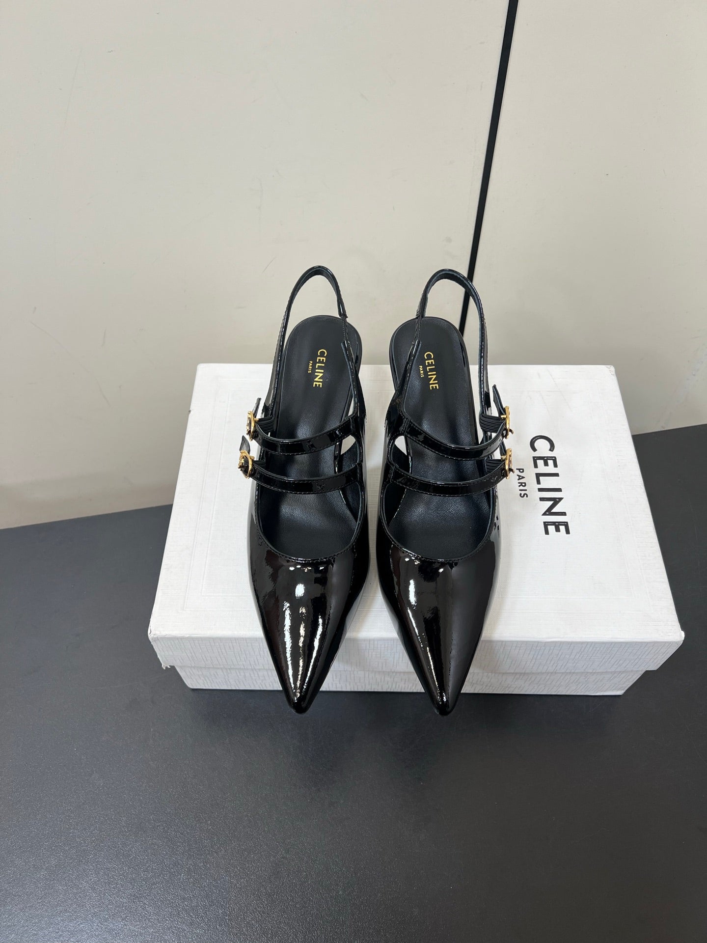 JUDY DOUBLE STRAP MARY JANE SLINGBACK IN BLACK PATENT CALFSKIN - 34