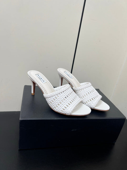 ALAIA HIGH HEEL 25S 70 MM IN WHITE LAMBSKIN WITH WOVEN PATTERN - 35