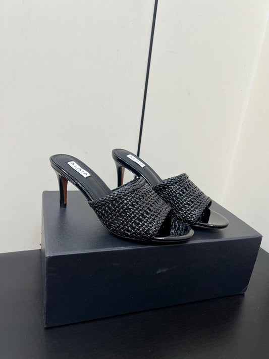 ALAIA HIGH HEEL 25S 70 MM IN BLACK LAMBSKIN WITH WOVEN PATTERN - 35