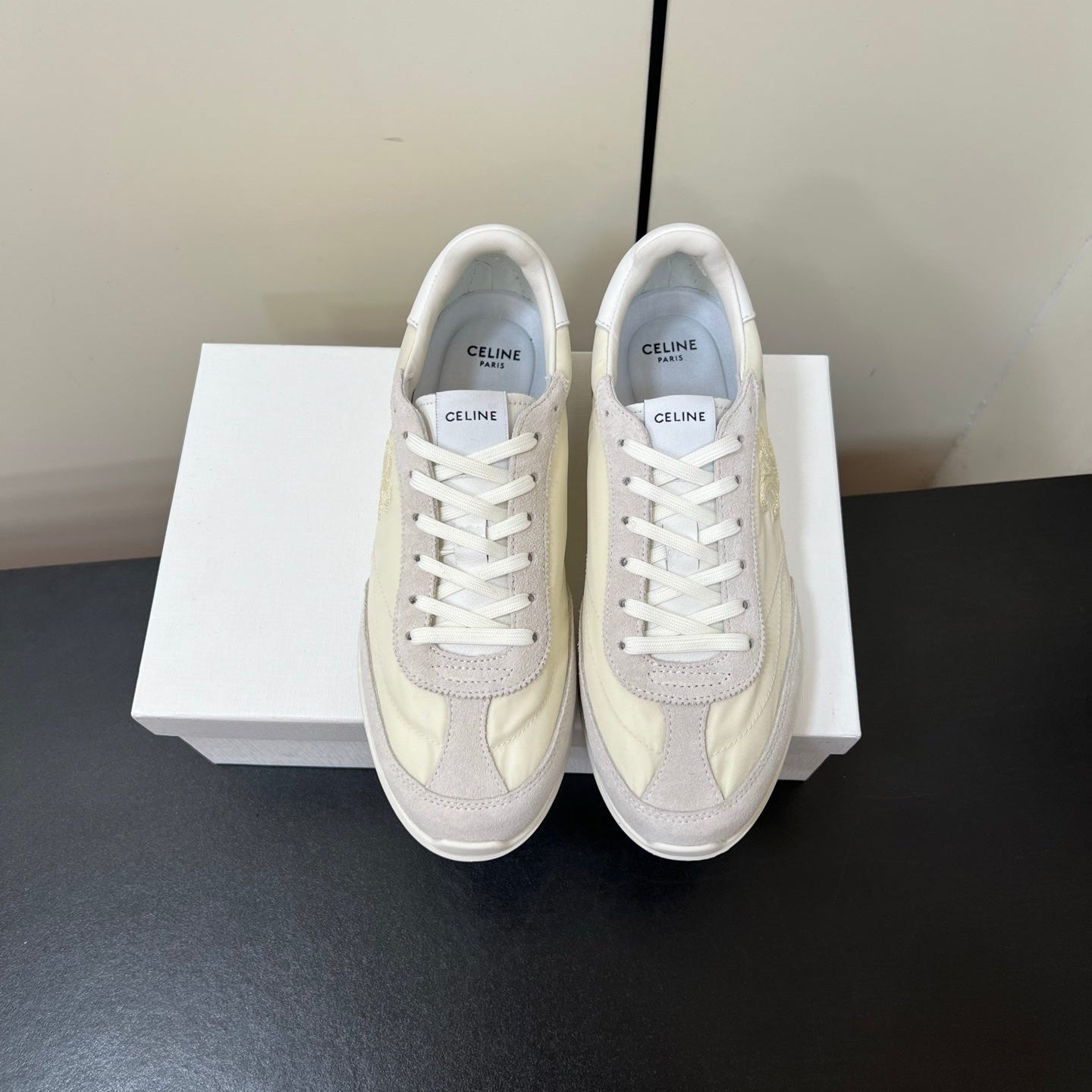 CELINE 25S RACER FORREST GUMP SNEAKERS IN IVORY AND GRAY MERCERIZED CALFSKIN - 35