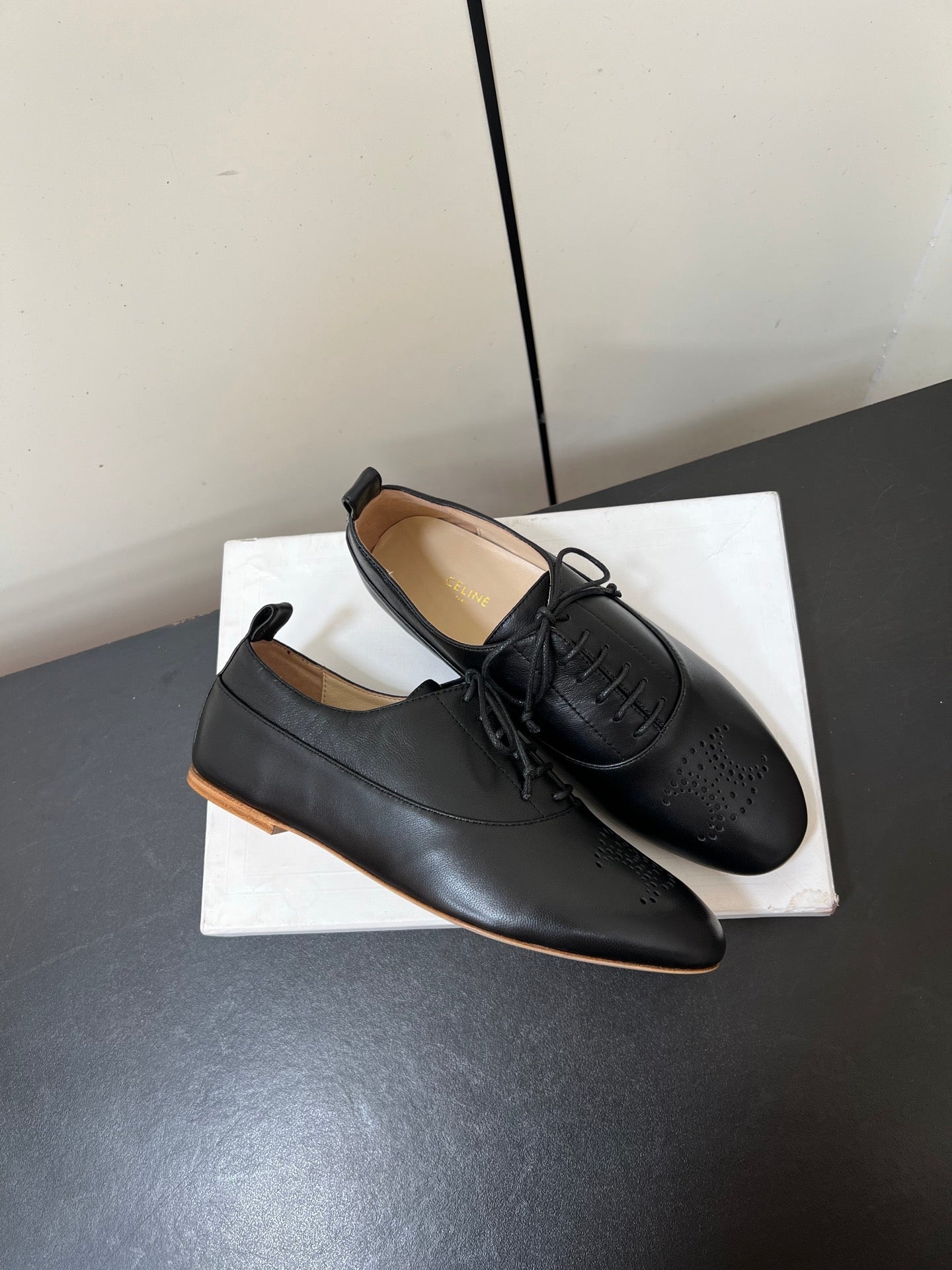 CELINE 26S MINIMAL LACE-UP SHOES IN BLACK CALFSKIN