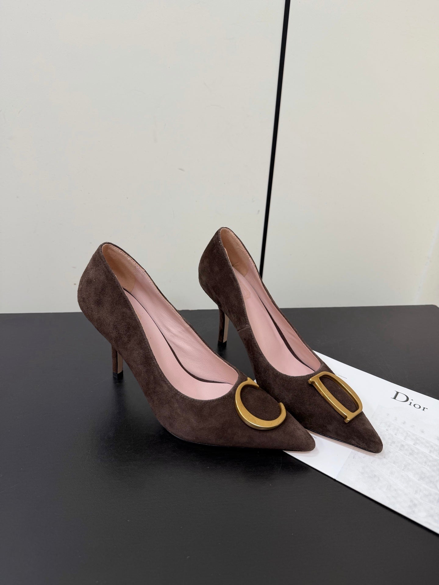 DIOR 26S POINTED-TOE HIGH HEELS 70MM IN DARK BROWN SUEDE GOLD HARDWARE