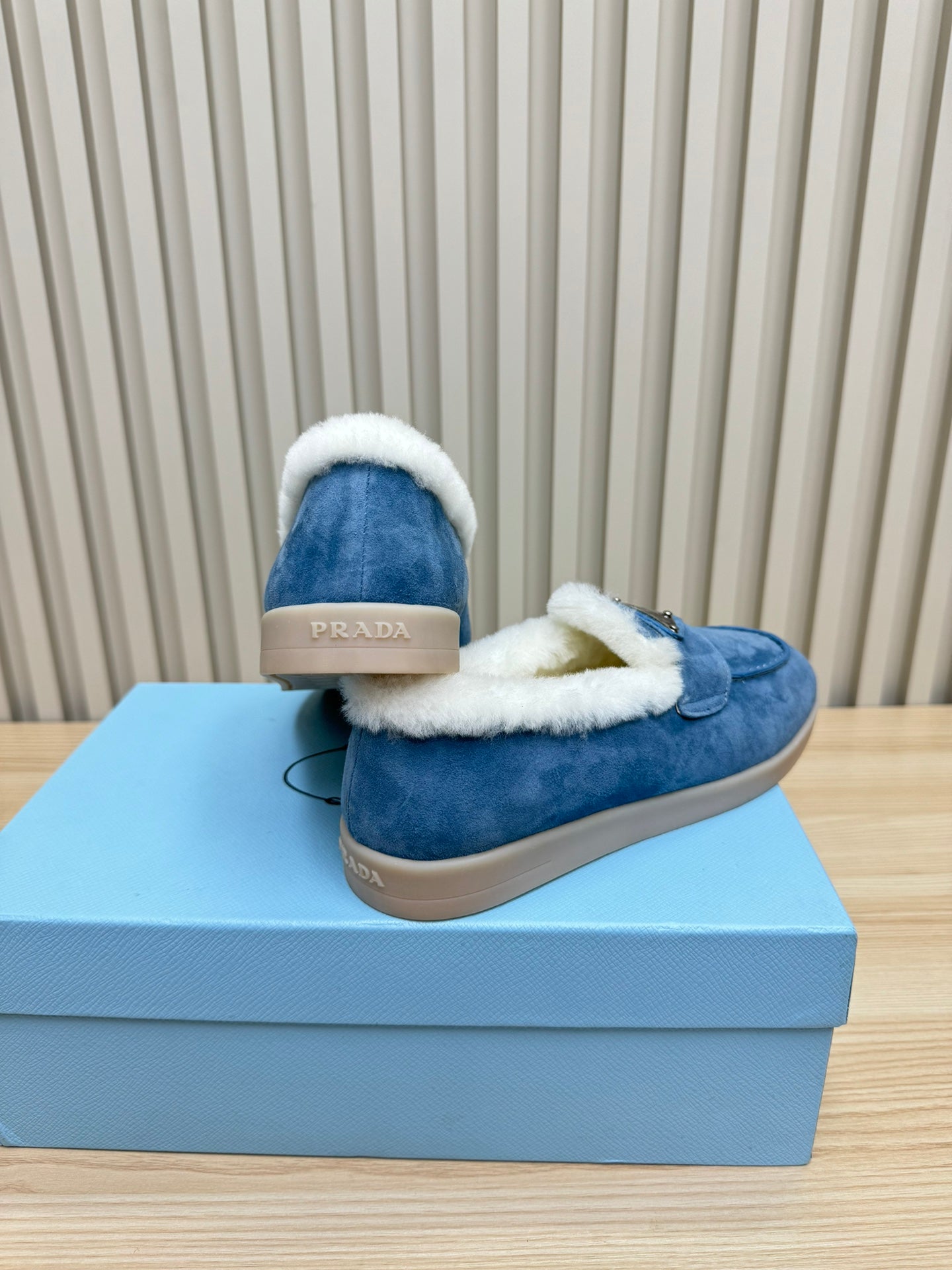 LOAFER IN AZURE BLUE SUEDE AND FUR LINING ATTACHED TRIANGLE LOGO - 35
