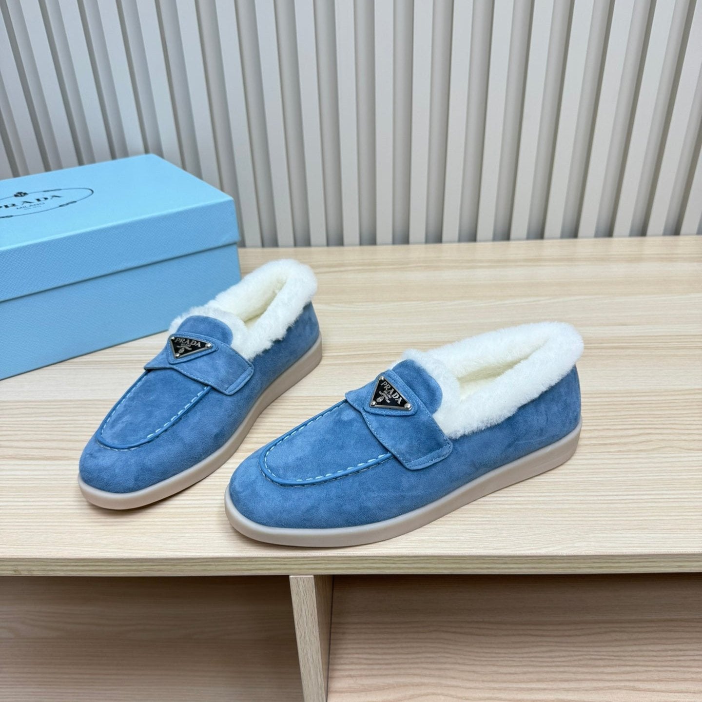 LOAFER IN AZURE BLUE SUEDE AND FUR LINING ATTACHED TRIANGLE LOGO - 35