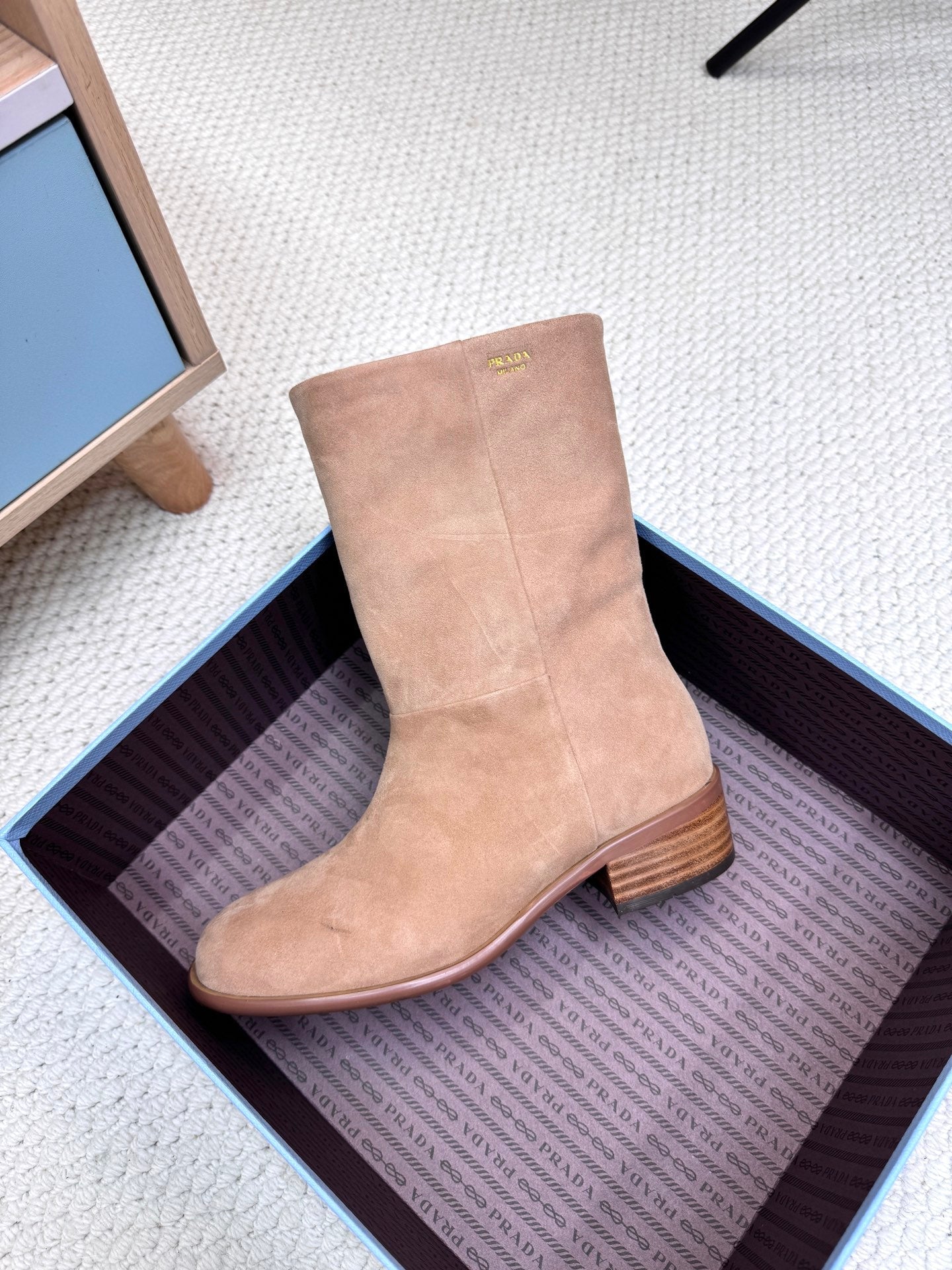 PRADA 25S LOW-CUT BOOTS IN LIGHT CARAMEL BROWN SUEDE - 35