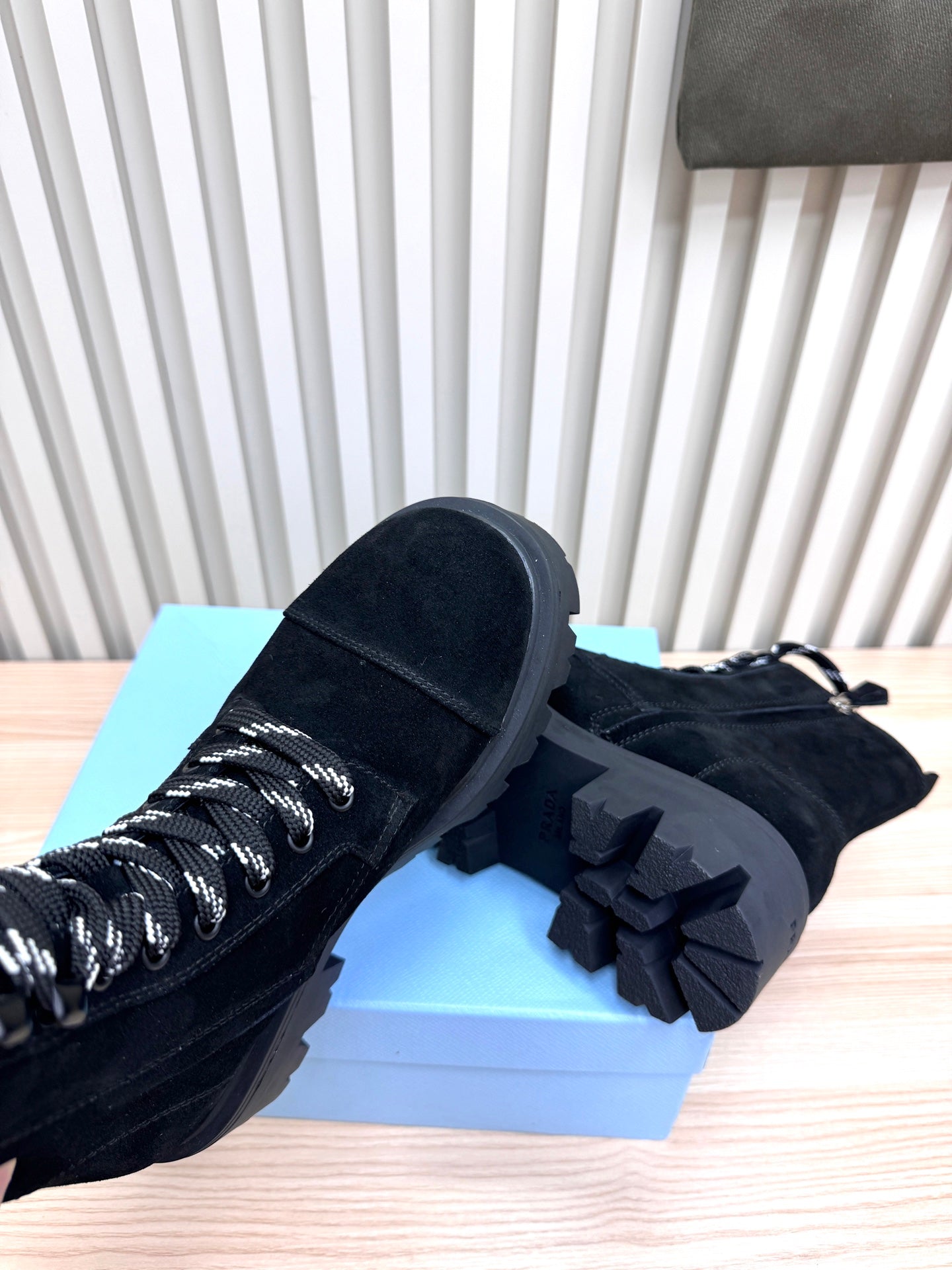 PRADA 25S MONOLITH BOOTS IN BLACK SUEDE - 35