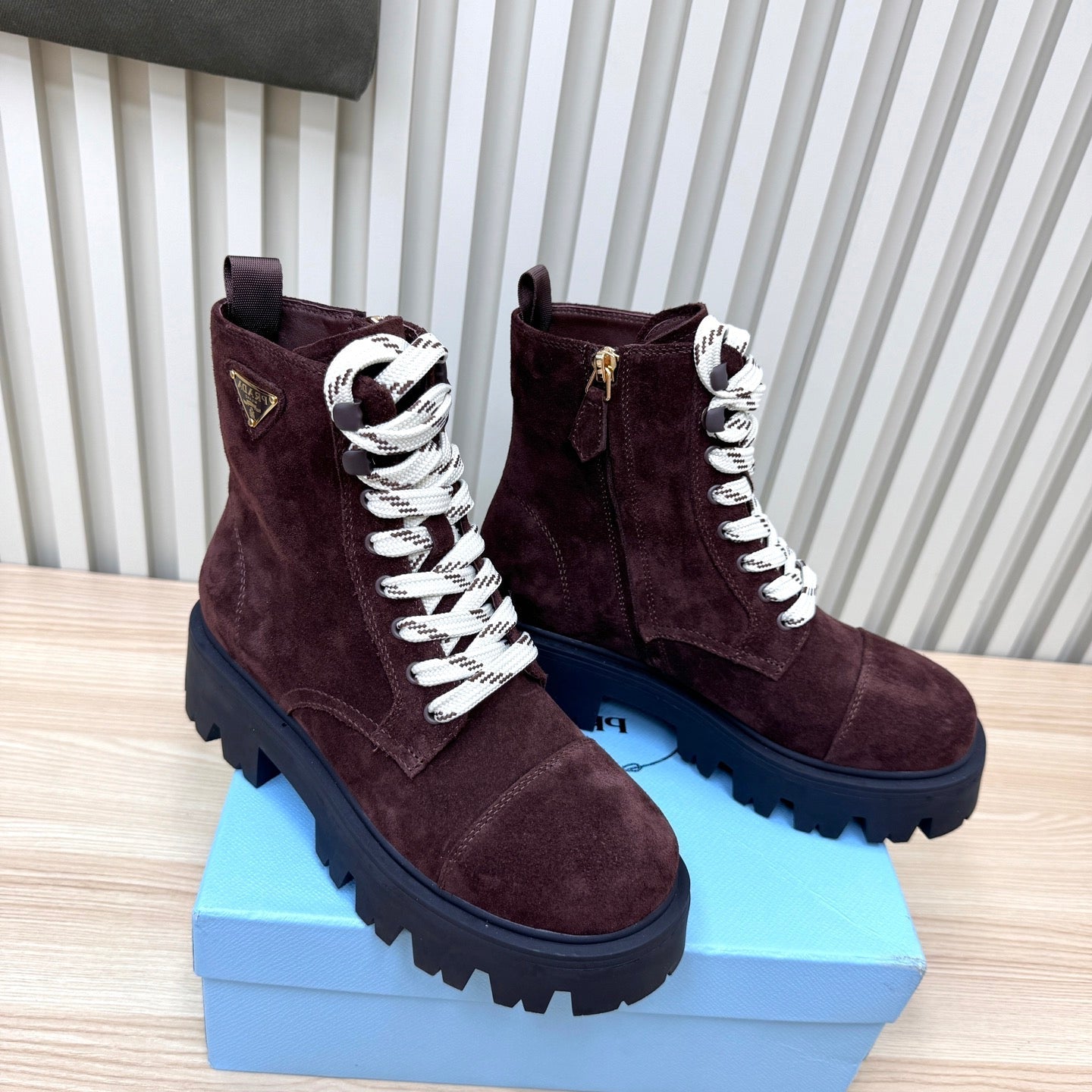PRADA 25S MONOLITH BOOTS IN DARK PLUM BROWN SUEDE - 35