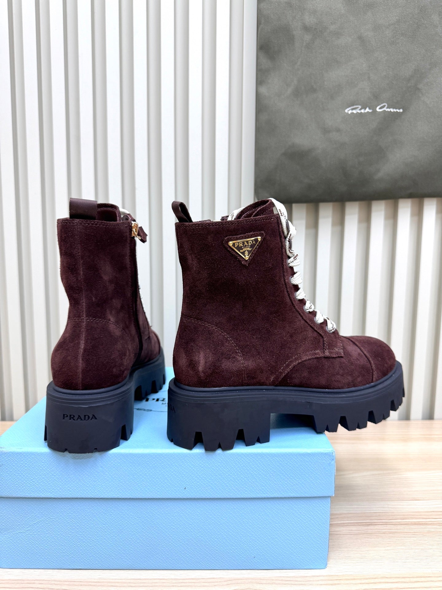 PRADA 25S MONOLITH BOOTS IN DARK PLUM BROWN SUEDE - 35