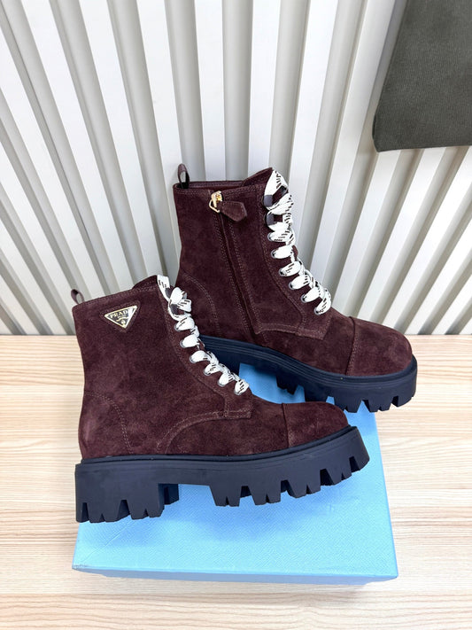 PRADA 25S MONOLITH BOOTS IN DARK PLUM BROWN SUEDE - 35