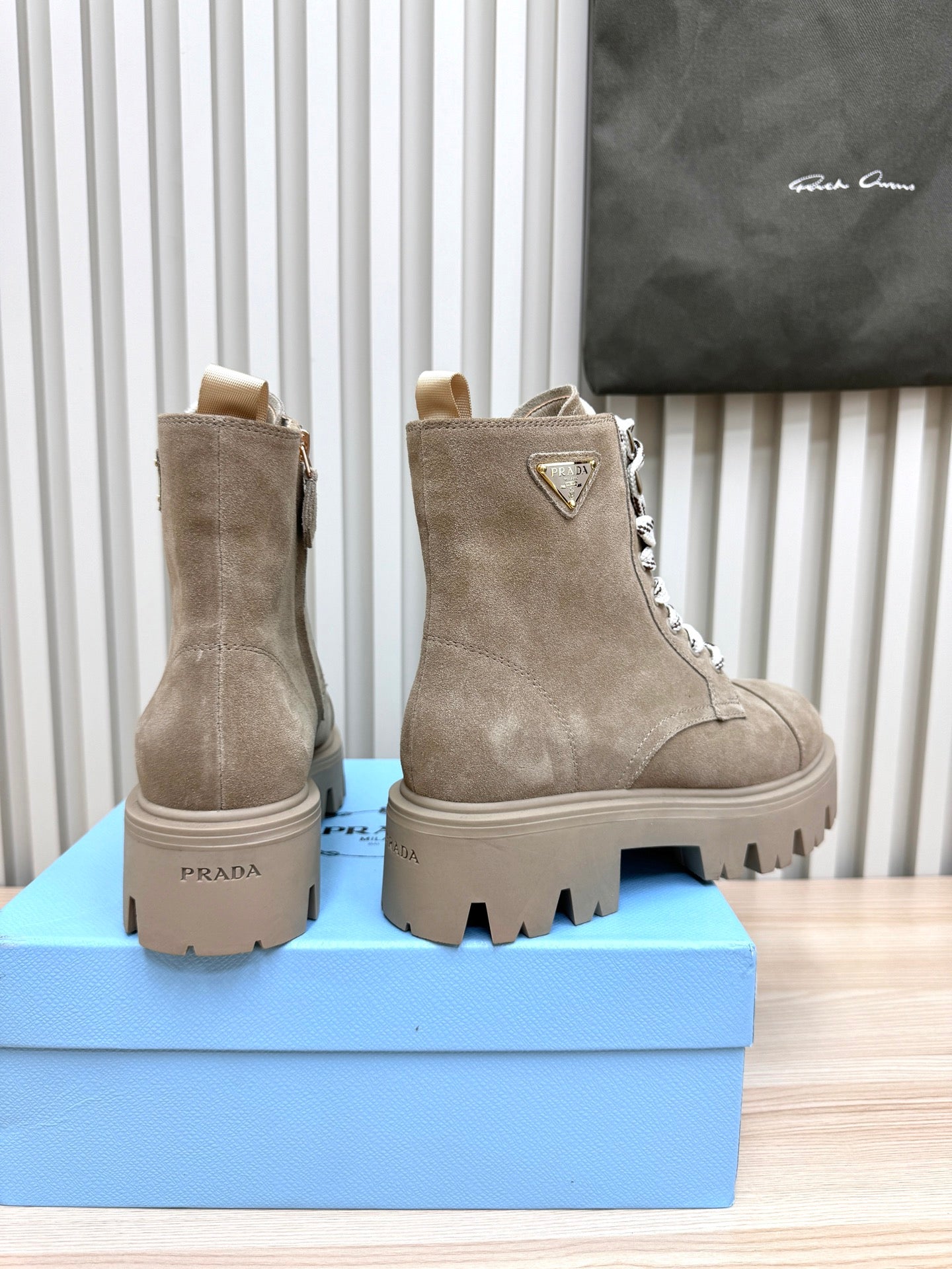 PRADA 25S MONOLITH BOOTS IN MUTED KHAKI BROWN SUEDE - 35